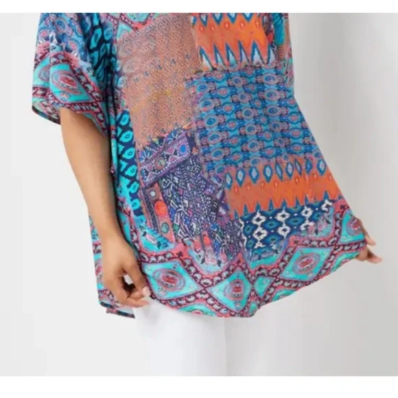 Tolani Collection Petite Printed Woven Caftan Tunic Navy Ikat PL A347419 QVC - Picture 3 of 10